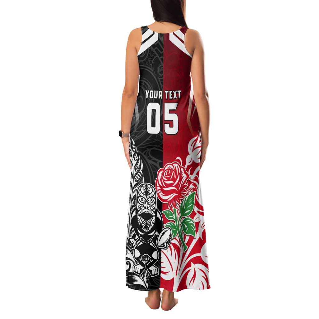 New Zealand And England Rugby Custom Tank Maxi Dress Maori Tiki With Red Rose Together LT05 - Polynesian Pride