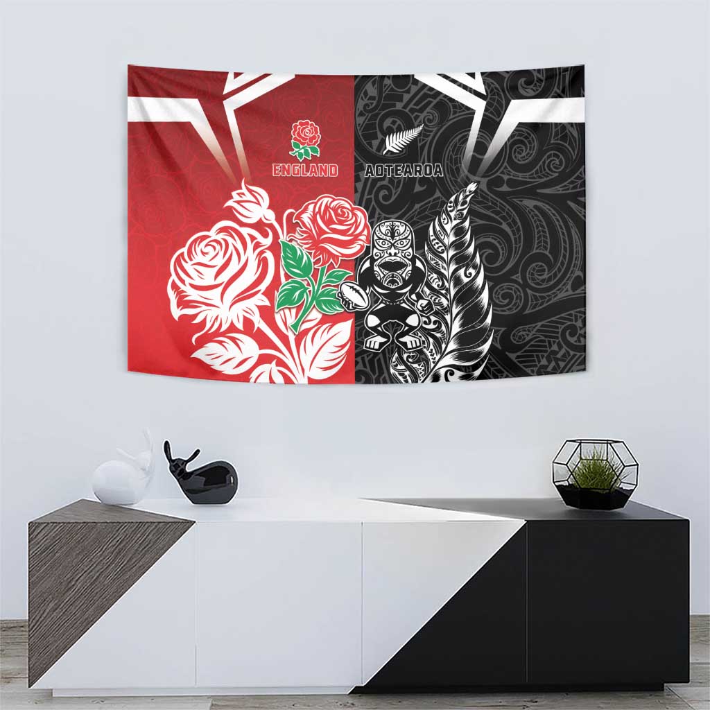 New Zealand And England Rugby Tapestry Maori Tiki With Red Rose Together LT05 - Polynesian Pride