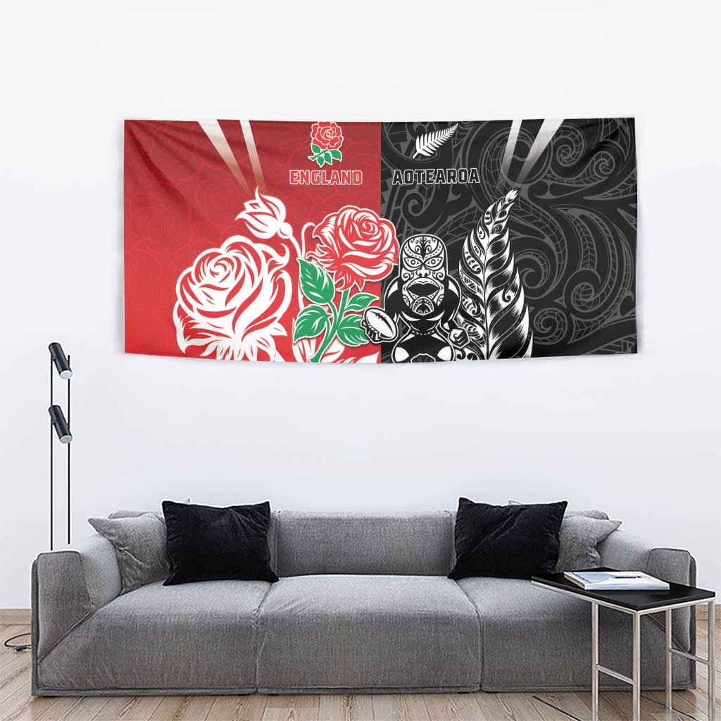 New Zealand And England Rugby Tapestry Maori Tiki With Red Rose Together LT05 - Polynesian Pride