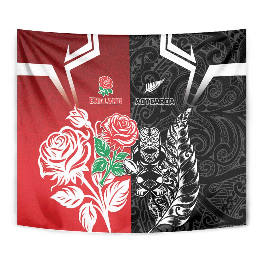 New Zealand And England Rugby Tapestry Maori Tiki With Red Rose Together LT05 - Polynesian Pride