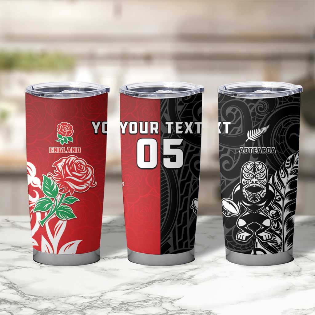 New Zealand And England Rugby Custom Tumbler Cup Maori Tiki With Red Rose Together LT05 - Polynesian Pride