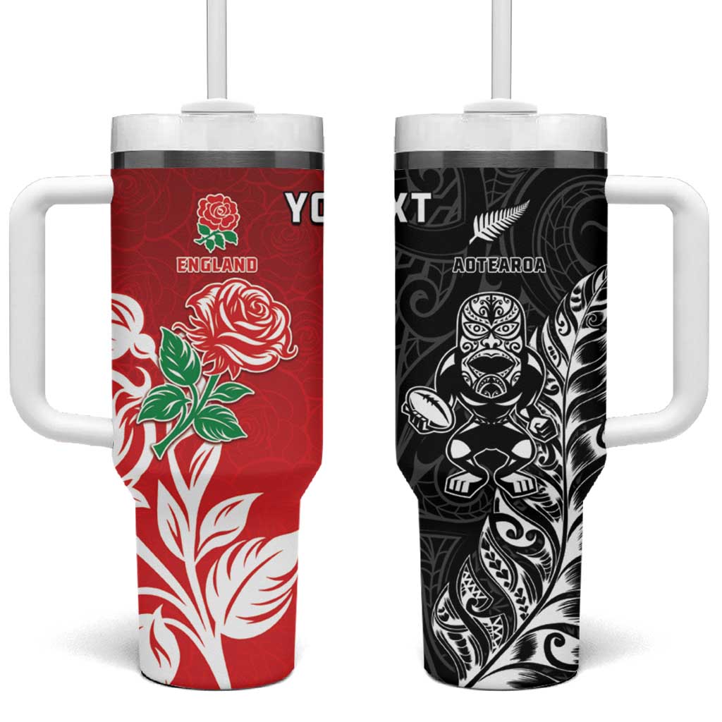 New Zealand And England Rugby Custom Tumbler With Handle Maori Tiki With Red Rose Together LT05 One Size: 40 oz Red - Polynesian Pride
