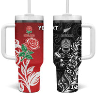 New Zealand And England Rugby Custom Tumbler With Handle Maori Tiki With Red Rose Together LT05 One Size: 40 oz Red - Polynesian Pride