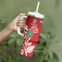 New Zealand And England Rugby Custom Tumbler With Handle Maori Tiki With Red Rose Together LT05 - Polynesian Pride