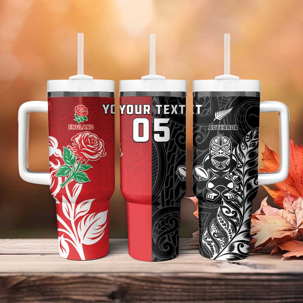 New Zealand And England Rugby Custom Tumbler With Handle Maori Tiki With Red Rose Together LT05 - Polynesian Pride