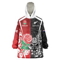 New Zealand And England Rugby Custom Wearable Blanket Hoodie Maori Tiki With Red Rose Together LT05 One Size Red - Polynesian Pride