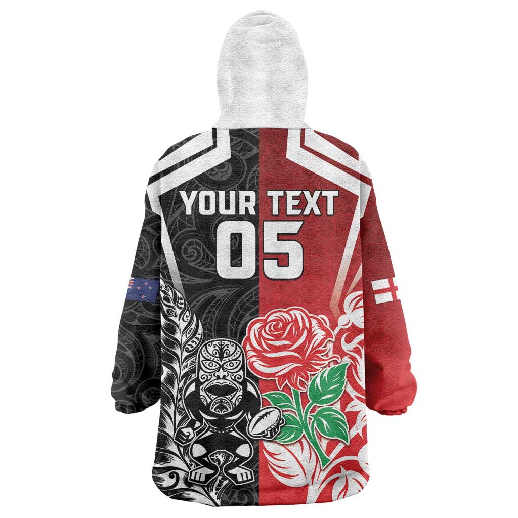 New Zealand And England Rugby Custom Wearable Blanket Hoodie Maori Tiki With Red Rose Together LT05 - Polynesian Pride