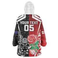 New Zealand And England Rugby Custom Wearable Blanket Hoodie Maori Tiki With Red Rose Together LT05 - Polynesian Pride