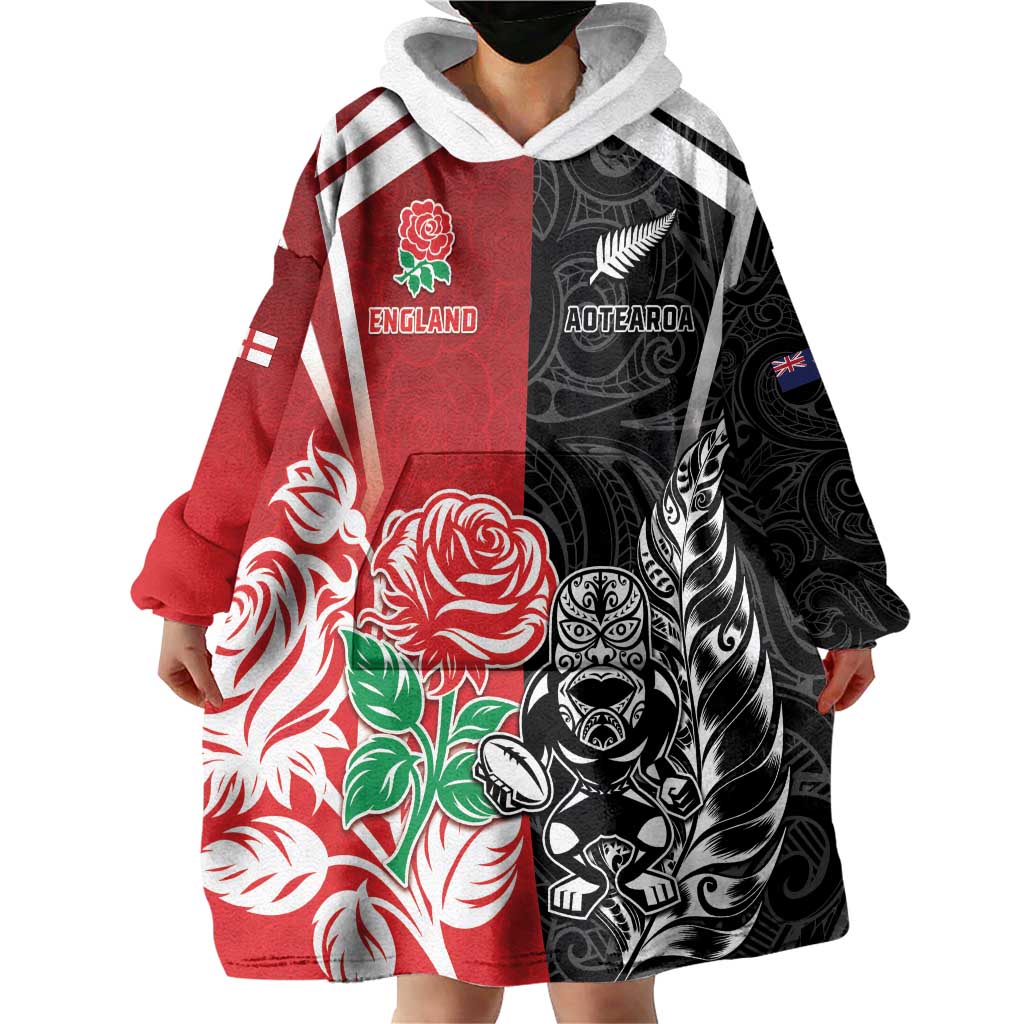 New Zealand And England Rugby Custom Wearable Blanket Hoodie Maori Tiki With Red Rose Together LT05 - Polynesian Pride