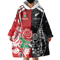 New Zealand And England Rugby Custom Wearable Blanket Hoodie Maori Tiki With Red Rose Together LT05 - Polynesian Pride
