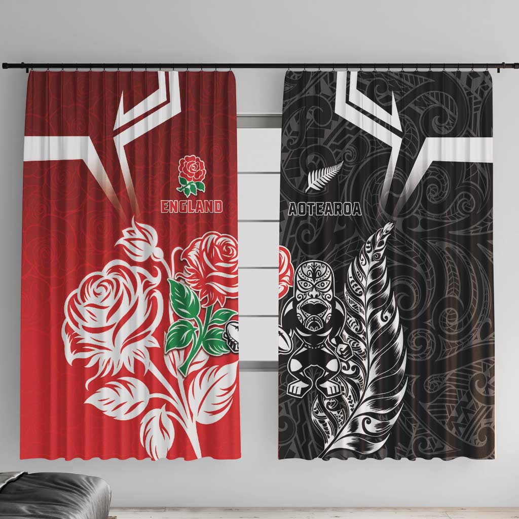 New Zealand And England Rugby Window Curtain Maori Tiki With Red Rose Together LT05 With Hooks Red - Polynesian Pride