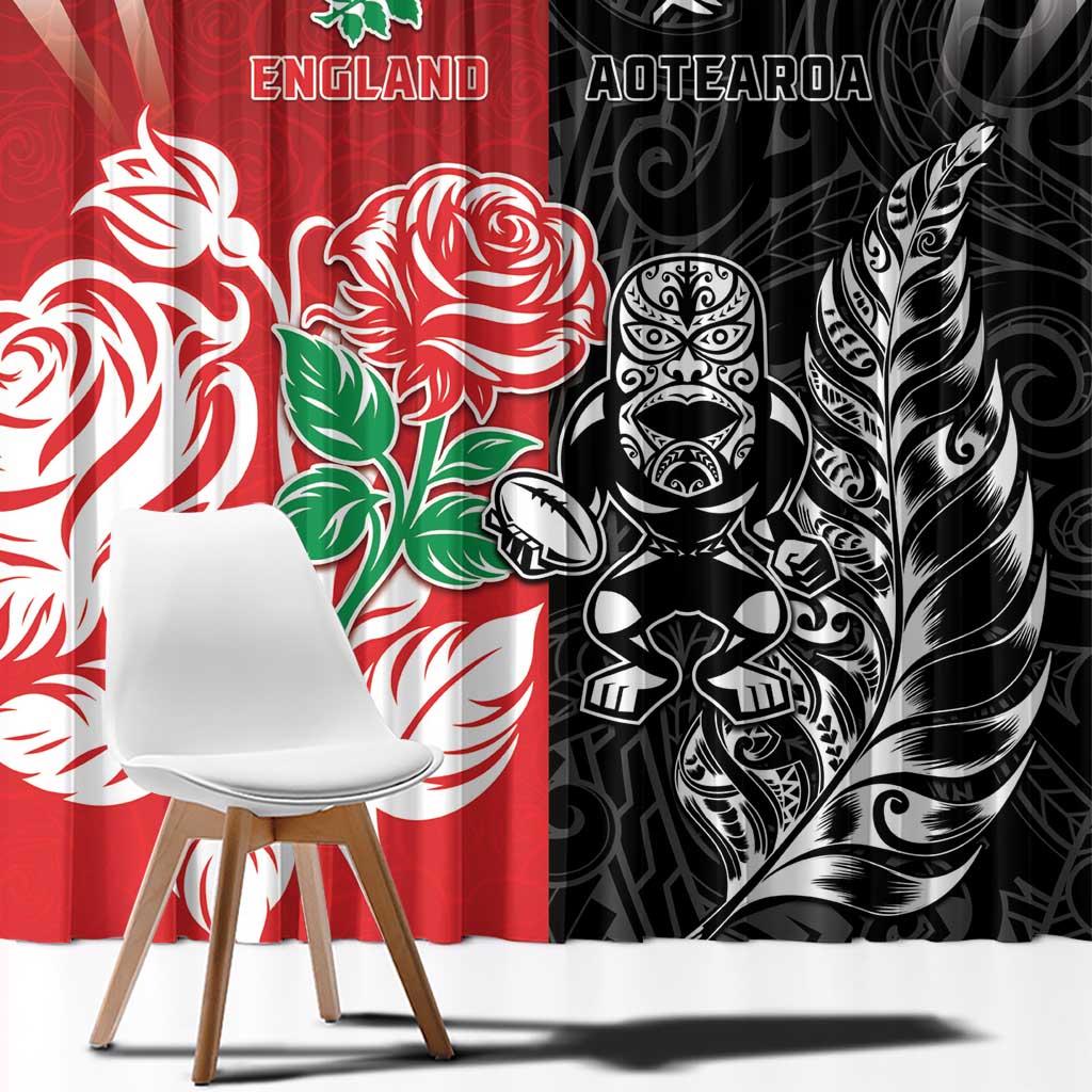 New Zealand And England Rugby Window Curtain Maori Tiki With Red Rose Together LT05 - Polynesian Pride