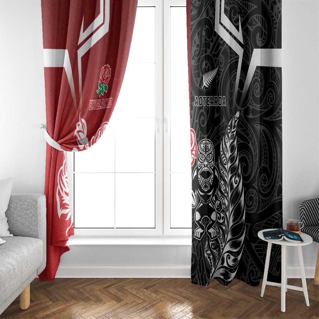 New Zealand And England Rugby Window Curtain Maori Tiki With Red Rose Together LT05 - Polynesian Pride