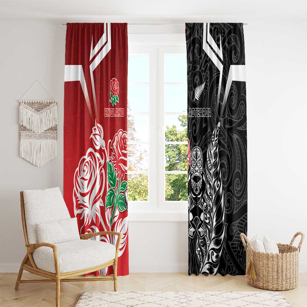 New Zealand And England Rugby Window Curtain Maori Tiki With Red Rose Together LT05 - Polynesian Pride