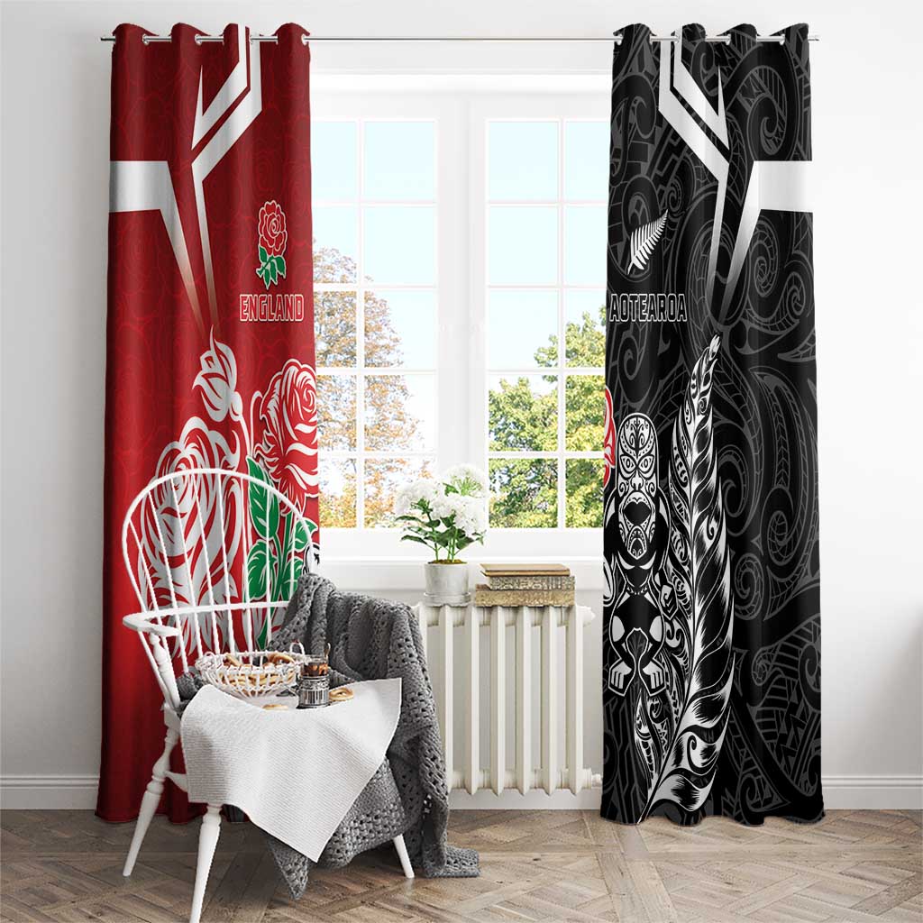 New Zealand And England Rugby Window Curtain Maori Tiki With Red Rose Together LT05 - Polynesian Pride