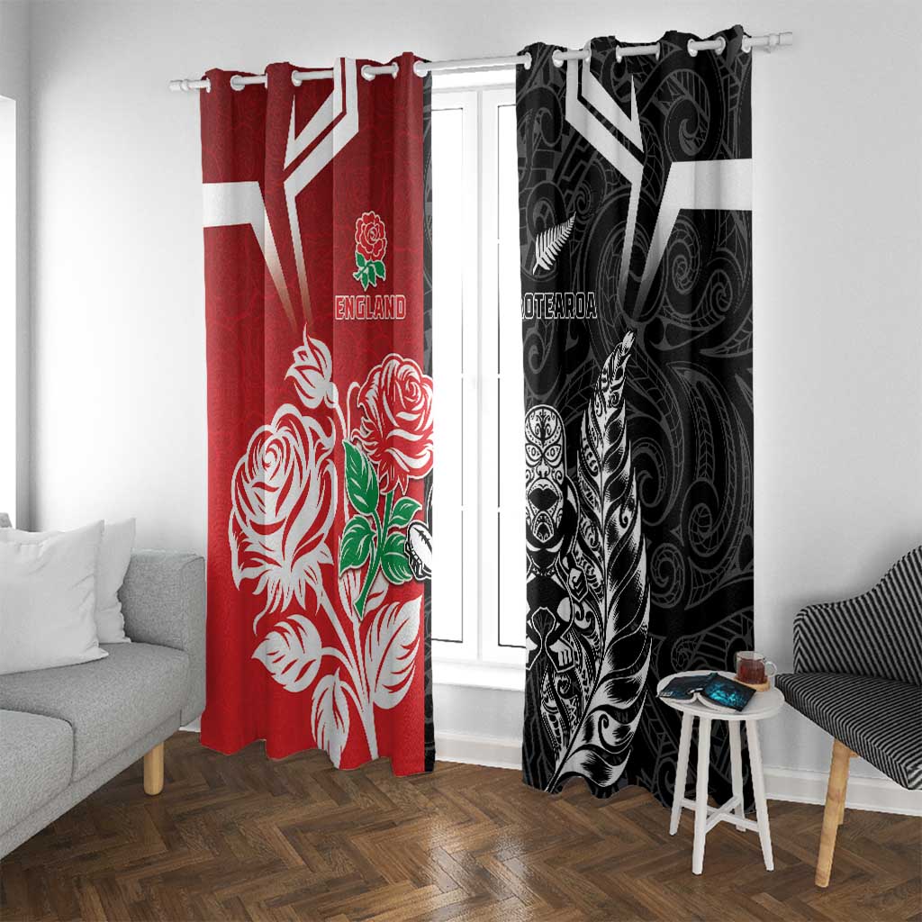 New Zealand And England Rugby Window Curtain Maori Tiki With Red Rose Together LT05 With Grommets Red - Polynesian Pride