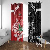 New Zealand And England Rugby Window Curtain Maori Tiki With Red Rose Together LT05 With Grommets Red - Polynesian Pride