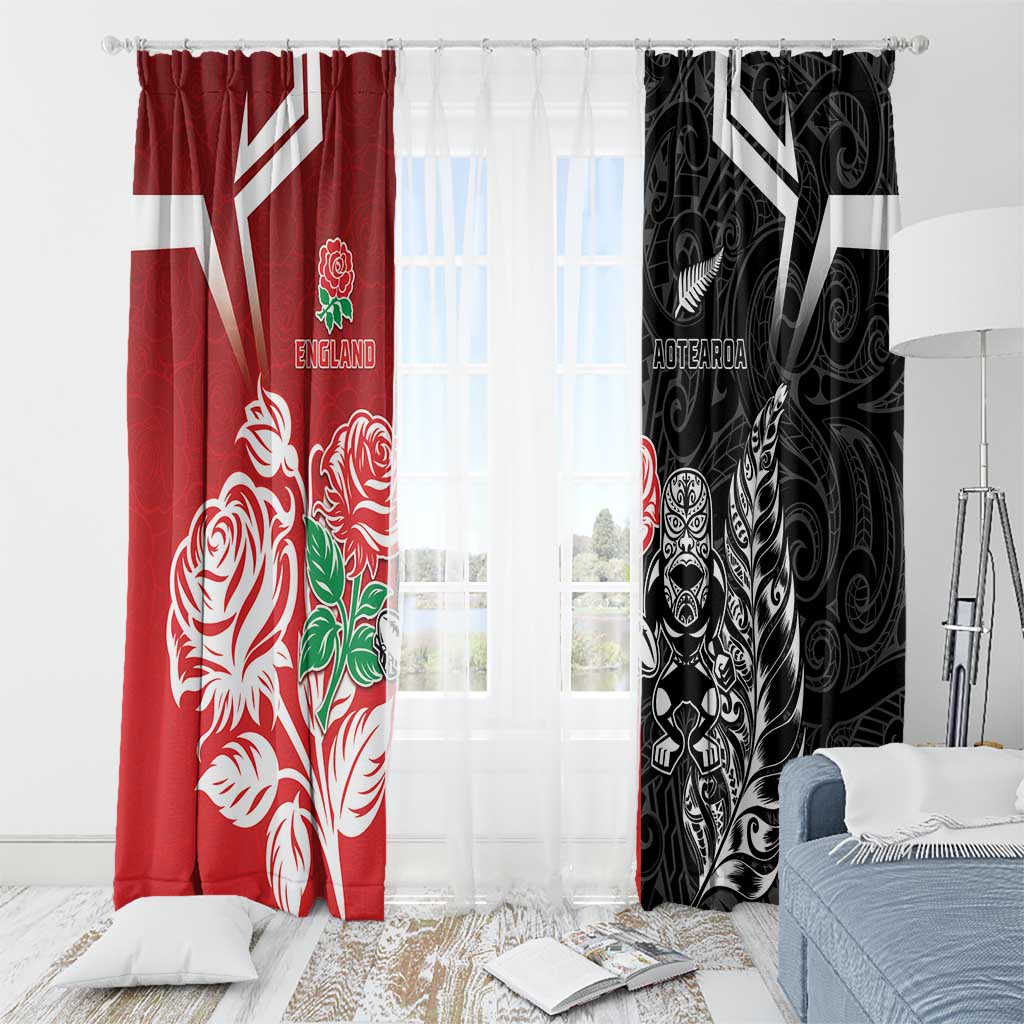 New Zealand And England Rugby Window Curtain Maori Tiki With Red Rose Together LT05 - Polynesian Pride