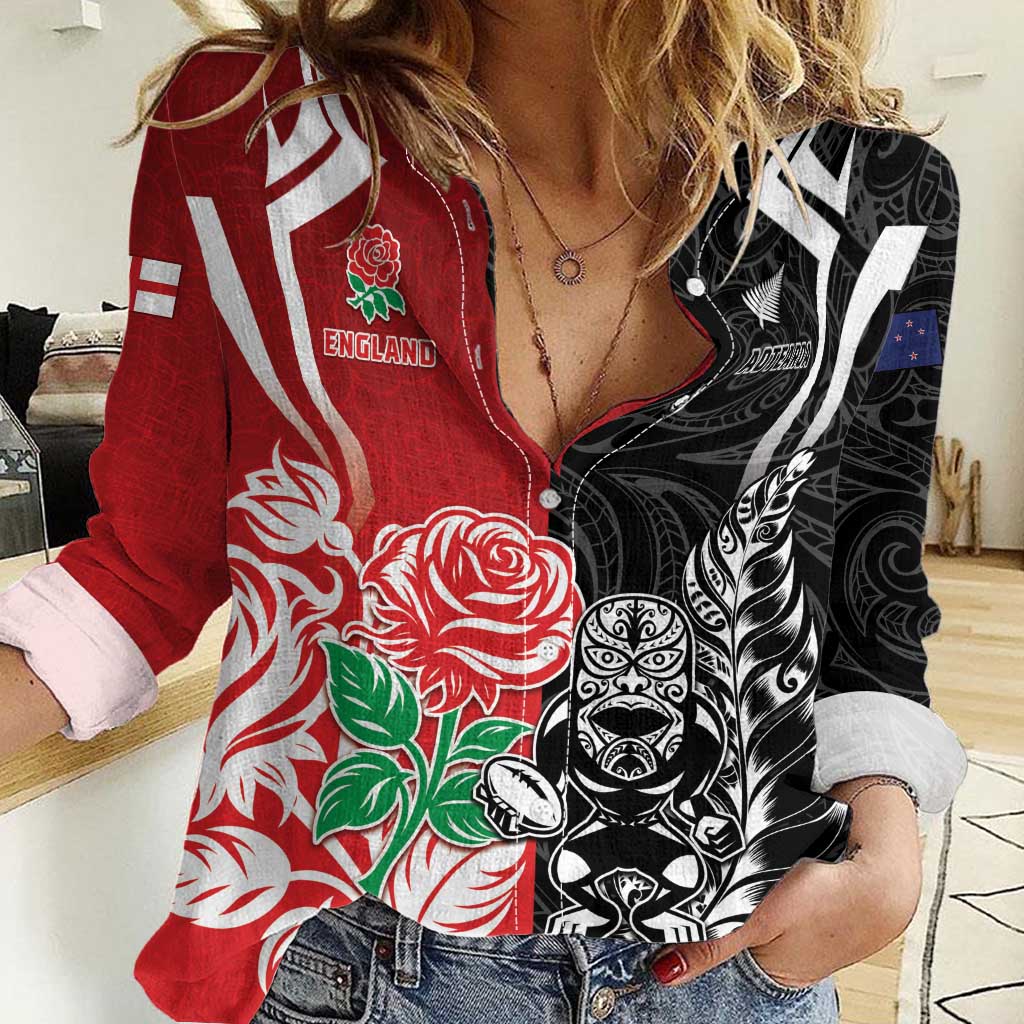 New Zealand And England Rugby Custom Women Casual Shirt Maori Tiki With Red Rose Together