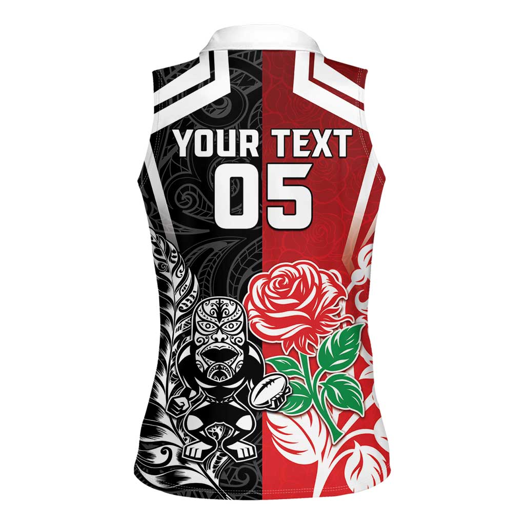 New Zealand And England Rugby Custom Women Sleeveless Polo Shirt Maori Tiki With Red Rose Together LT05 - Polynesian Pride
