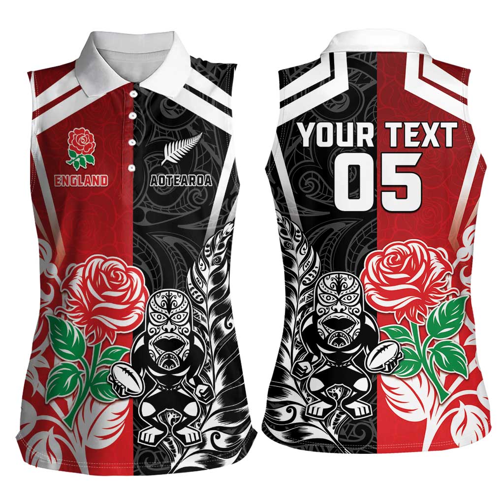 New Zealand And England Rugby Custom Women Sleeveless Polo Shirt Maori Tiki With Red Rose Together LT05 - Polynesian Pride
