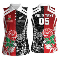 New Zealand And England Rugby Custom Women Sleeveless Polo Shirt Maori Tiki With Red Rose Together LT05 - Polynesian Pride