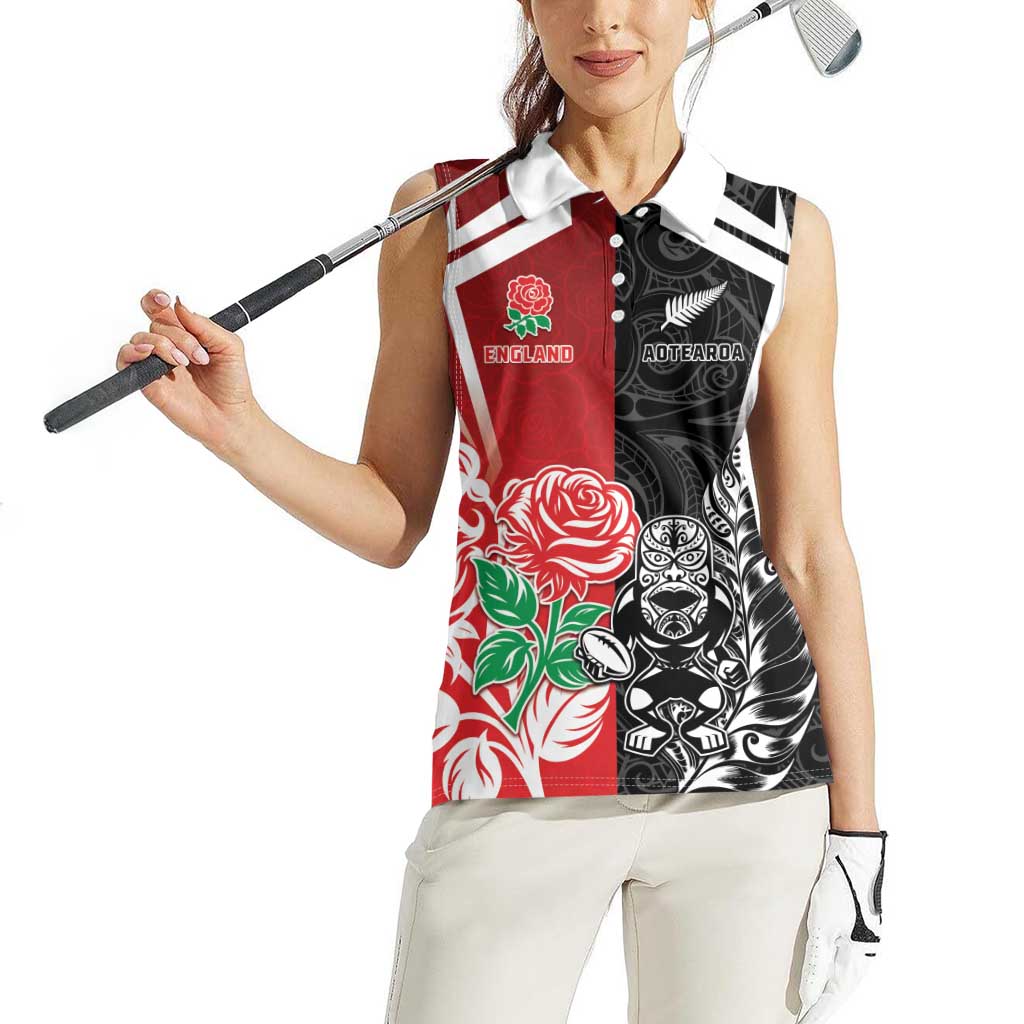 New Zealand And England Rugby Custom Women Sleeveless Polo Shirt Maori Tiki With Red Rose Together LT05 - Polynesian Pride