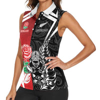 New Zealand And England Rugby Custom Women Sleeveless Polo Shirt Maori Tiki With Red Rose Together LT05 - Polynesian Pride