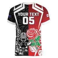 New Zealand And England Rugby Custom Women V-Neck T-Shirt Maori Tiki With Red Rose Together LT05 - Polynesian Pride