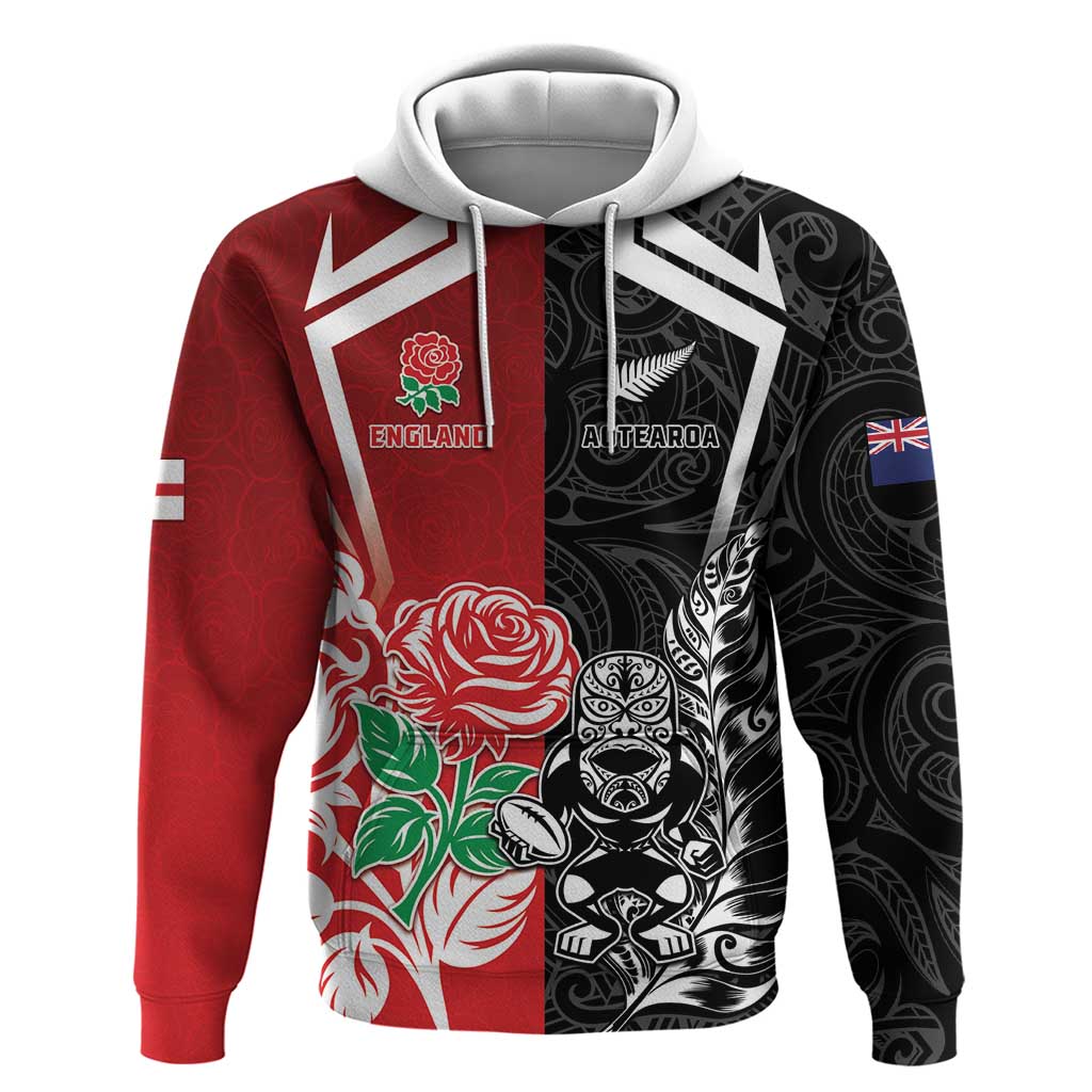 New Zealand And England Rugby Custom Zip Hoodie Maori Tiki With Red Rose Together LT05 Pullover Hoodie Red - Polynesian Pride