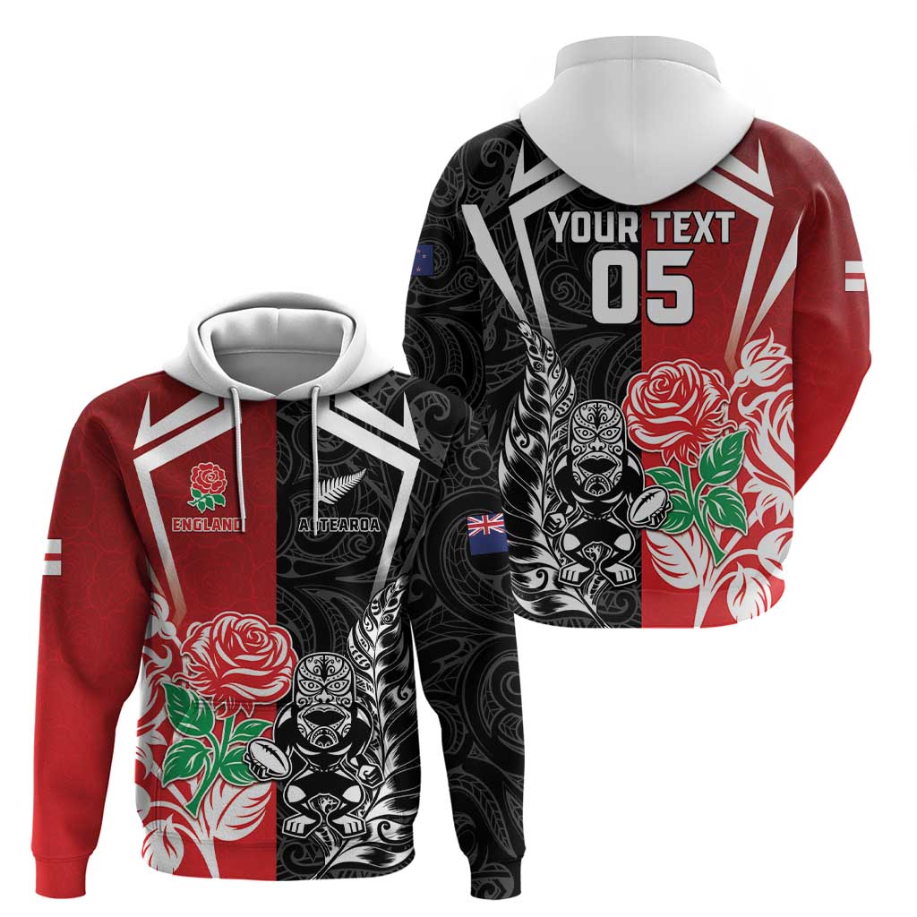 New Zealand And England Rugby Custom Zip Hoodie Maori Tiki With Red Rose Together LT05 - Polynesian Pride
