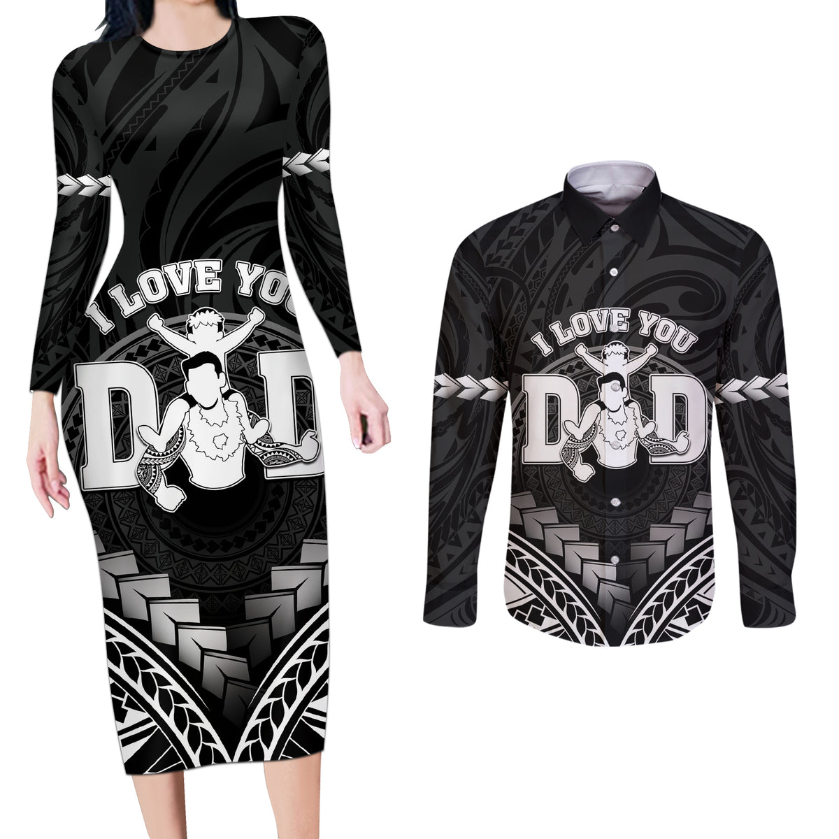 Personalised Happy Father's Day Couples Matching Long Sleeve Bodycon Dress and Long Sleeve Button Shirt I Love You Dad Polynesian Style LT05 Black - Polynesian Pride