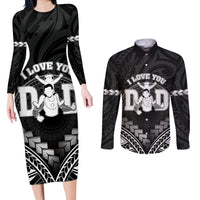 Personalised Happy Father's Day Couples Matching Long Sleeve Bodycon Dress and Long Sleeve Button Shirt I Love You Dad Polynesian Style LT05 Black - Polynesian Pride