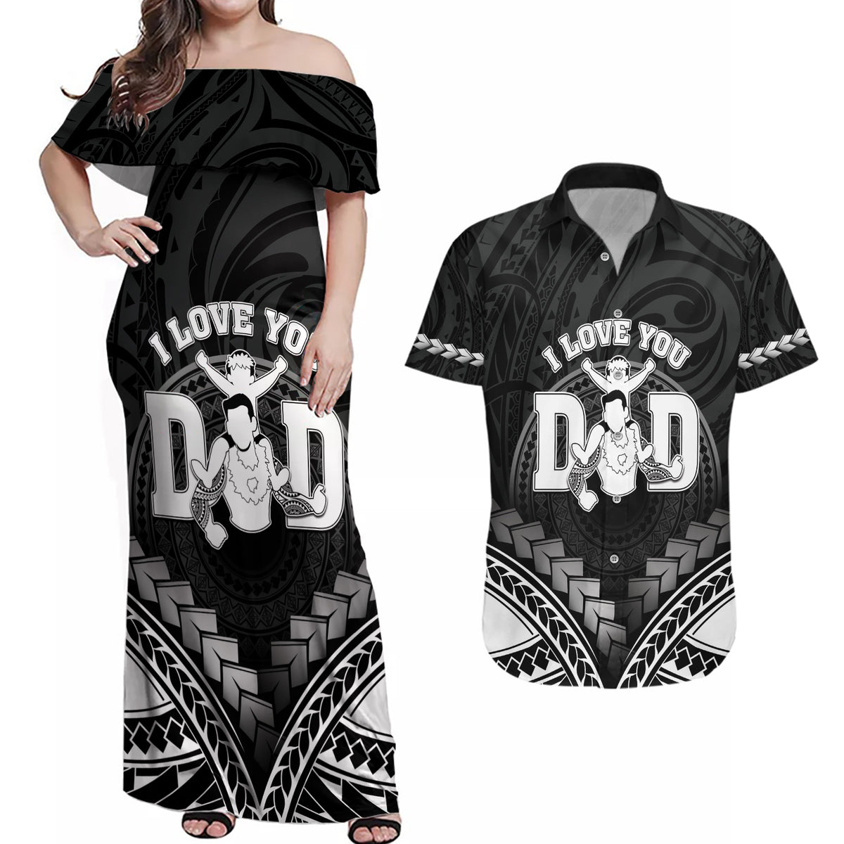 Personalised Happy Father's Day Couples Matching Off Shoulder Maxi Dress and Hawaiian Shirt I Love You Dad Polynesian Style LT05 Black - Polynesian Pride