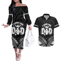 Personalised Happy Father's Day Couples Matching Off The Shoulder Long Sleeve Dress and Hawaiian Shirt I Love You Dad Polynesian Style LT05 Black - Polynesian Pride