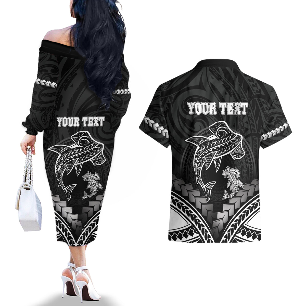Personalised Happy Father's Day Couples Matching Off The Shoulder Long Sleeve Dress and Hawaiian Shirt I Love You Dad Polynesian Style LT05 - Polynesian Pride