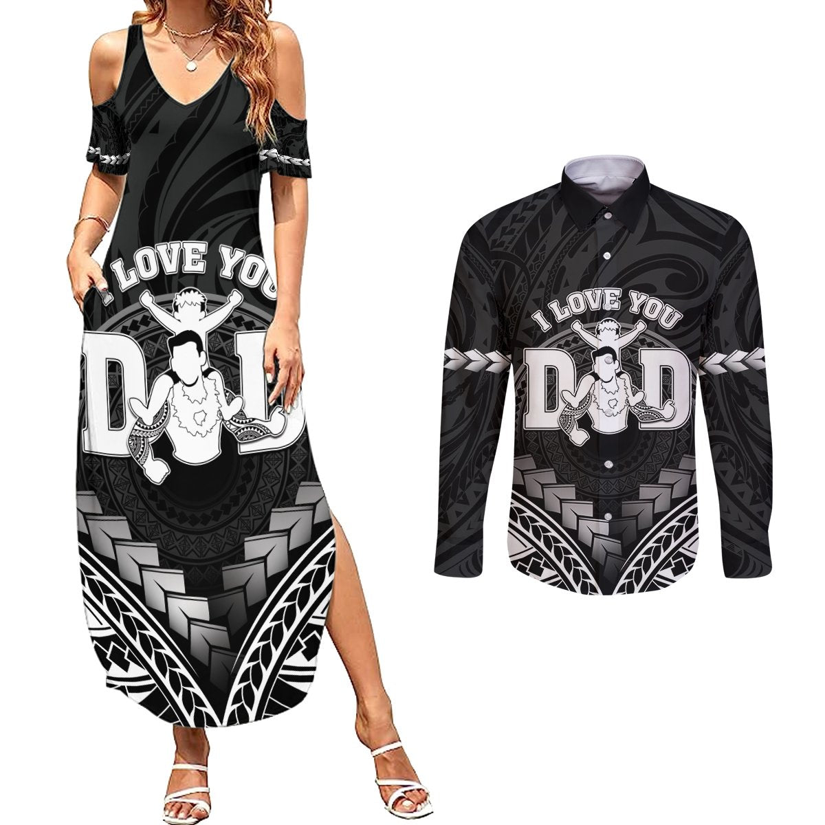 Personalised Happy Father's Day Couples Matching Summer Maxi Dress and Long Sleeve Button Shirt I Love You Dad Polynesian Style