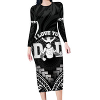 Personalised Happy Father's Day Family Matching Long Sleeve Bodycon Dress and Hawaiian Shirt I Love You Dad Polynesian Style LT05 Mom's Dress Black - Polynesian Pride