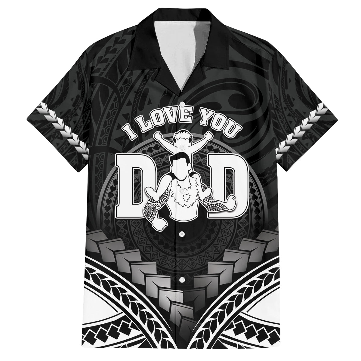 Personalised Happy Father's Day Family Matching Off The Shoulder Long Sleeve Dress and Hawaiian Shirt I Love You Dad Polynesian Style LT05 Dad's Shirt - Short Sleeve Black - Polynesian Pride