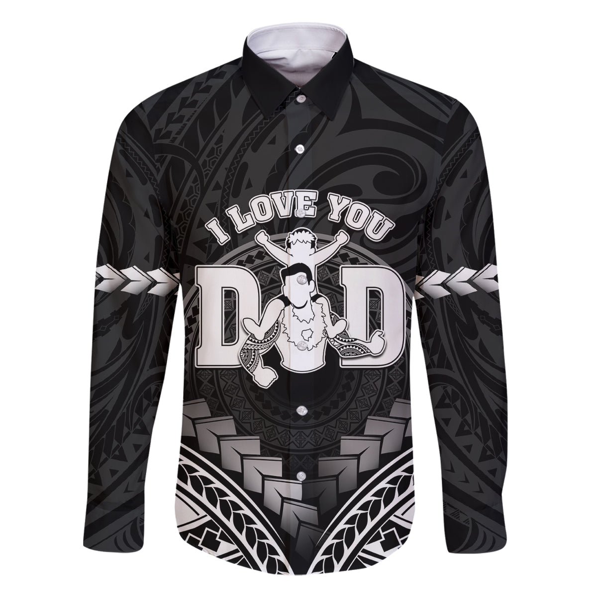 Personalised Happy Father's Day Family Matching Off The Shoulder Long Sleeve Dress and Hawaiian Shirt I Love You Dad Polynesian Style LT05 Dad's Shirt - Long Sleeve Black - Polynesian Pride