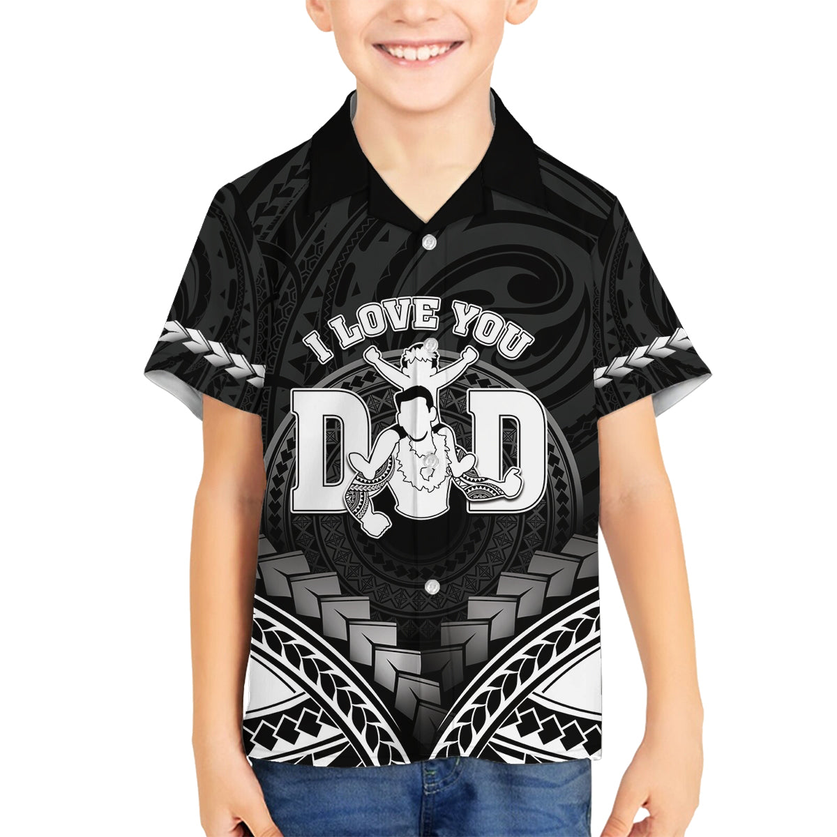Personalised Happy Father's Day Family Matching Off The Shoulder Long Sleeve Dress and Hawaiian Shirt I Love You Dad Polynesian Style LT05 Son's Shirt Black - Polynesian Pride