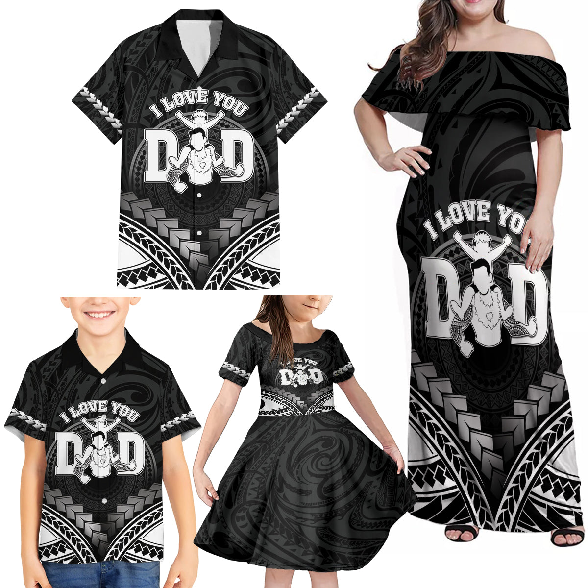Personalised Happy Father's Day Family Matching Off Shoulder Maxi Dress and Hawaiian Shirt I Love You Dad Polynesian Style LT05 - Polynesian Pride
