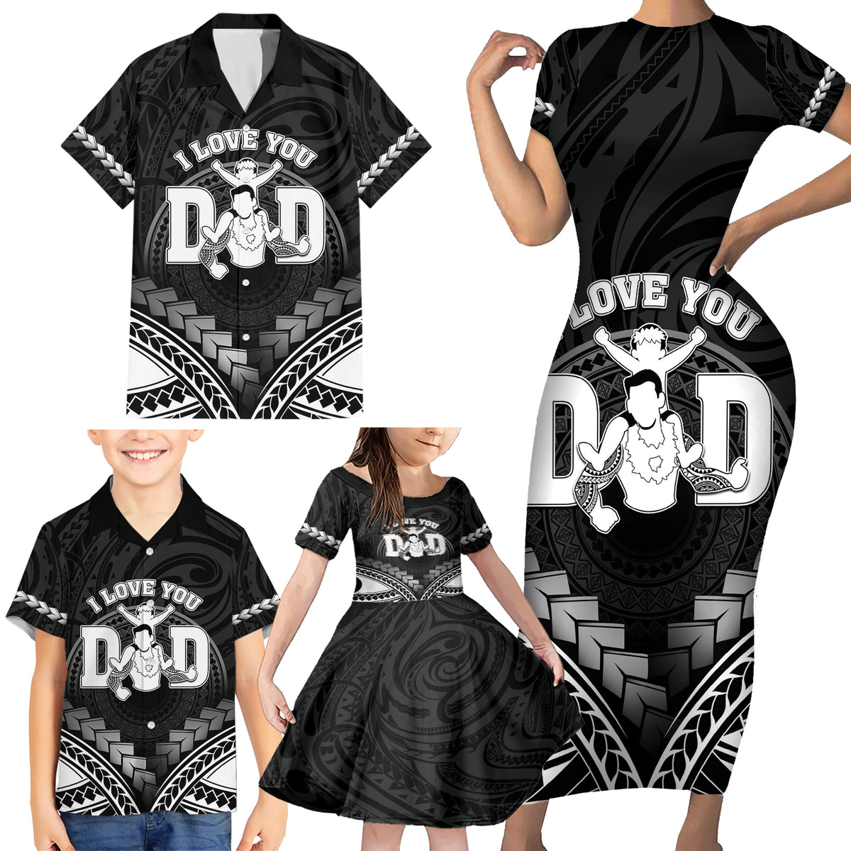 Personalised Happy Father's Day Family Matching Short Sleeve Bodycon Dress and Hawaiian Shirt I Love You Dad Polynesian Style LT05 - Polynesian Pride