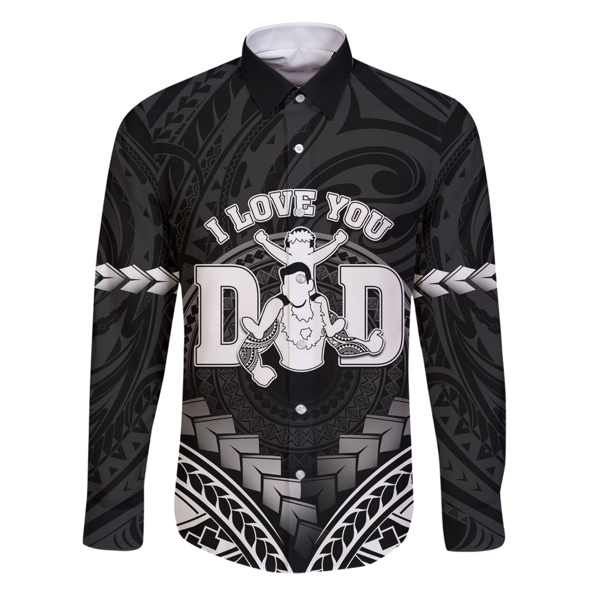 Personalised Happy Father's Day Family Matching Short Sleeve Bodycon Dress and Hawaiian Shirt I Love You Dad Polynesian Style LT05 Dad's Shirt - Long Sleeve Black - Polynesian Pride