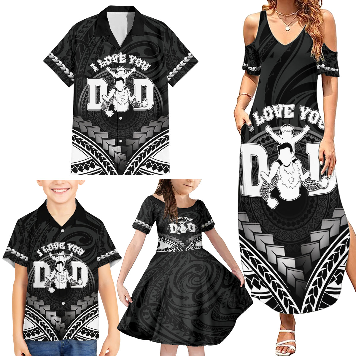 Personalised Happy Father's Day Family Matching Summer Maxi Dress and Hawaiian Shirt I Love You Dad Polynesian Style LT05 - Polynesian Pride