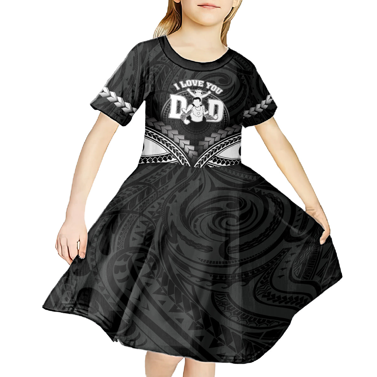 Personalised Happy Father's Day Kid Short Sleeve Dress I Love You Dad Polynesian Style