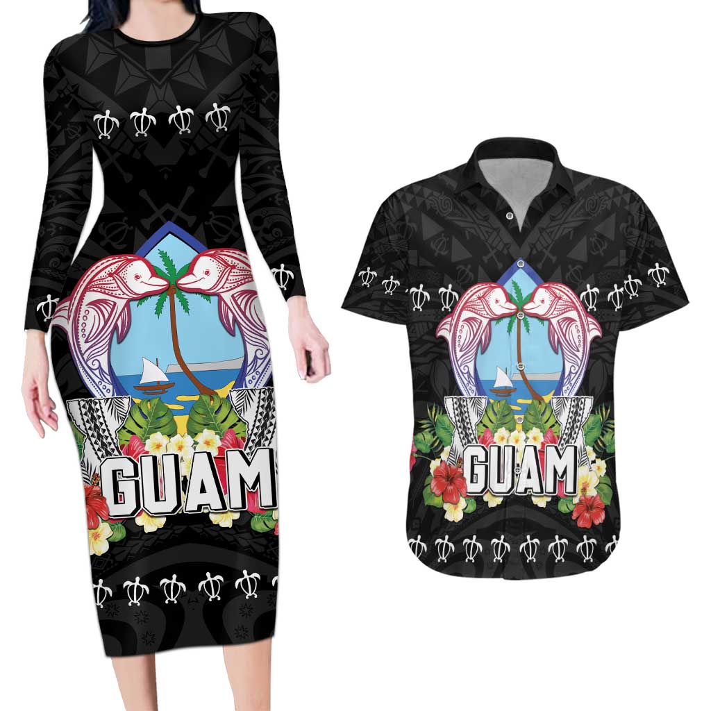 Guam Chamorro Couples Matching Long Sleeve Bodycon Dress and Hawaiian Shirt Tribal Latte Stone With Dolphins Black LT05 Black - Polynesian Pride