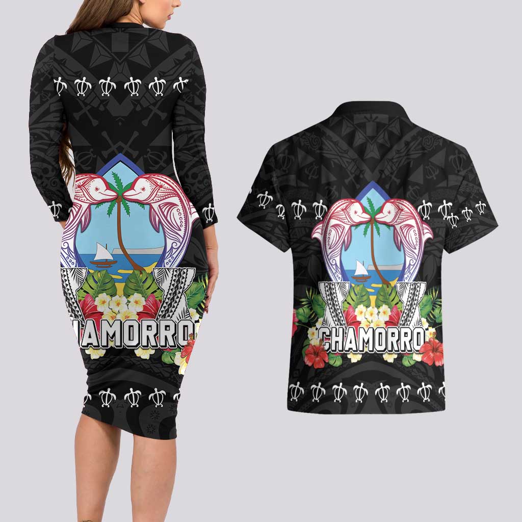Guam Chamorro Couples Matching Long Sleeve Bodycon Dress and Hawaiian Shirt Tribal Latte Stone With Dolphins Black LT05 - Polynesian Pride