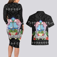 Guam Chamorro Couples Matching Long Sleeve Bodycon Dress and Hawaiian Shirt Tribal Latte Stone With Dolphins Black LT05 - Polynesian Pride