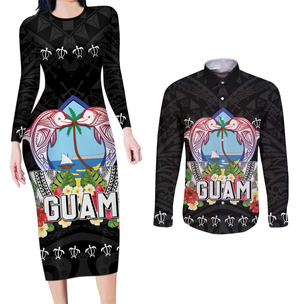 Guam Chamorro Couples Matching Long Sleeve Bodycon Dress and Long Sleeve Button Shirt Tribal Latte Stone With Dolphins Black LT05 Black - Polynesian Pride